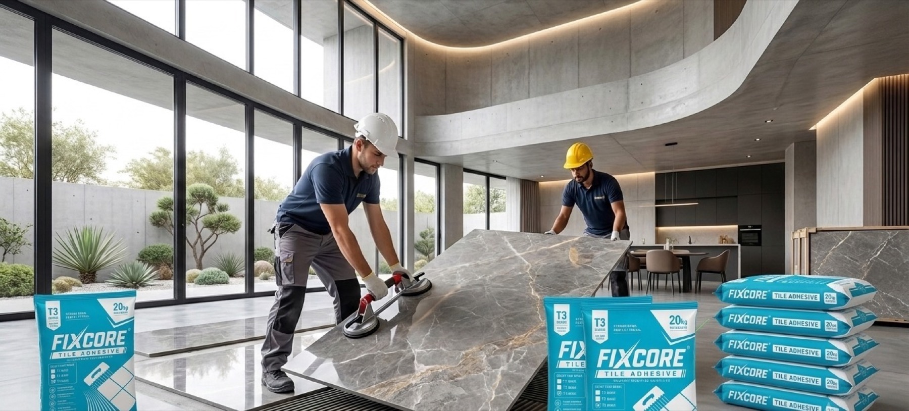 Installers laying a large-format slab in a contemporary interior
